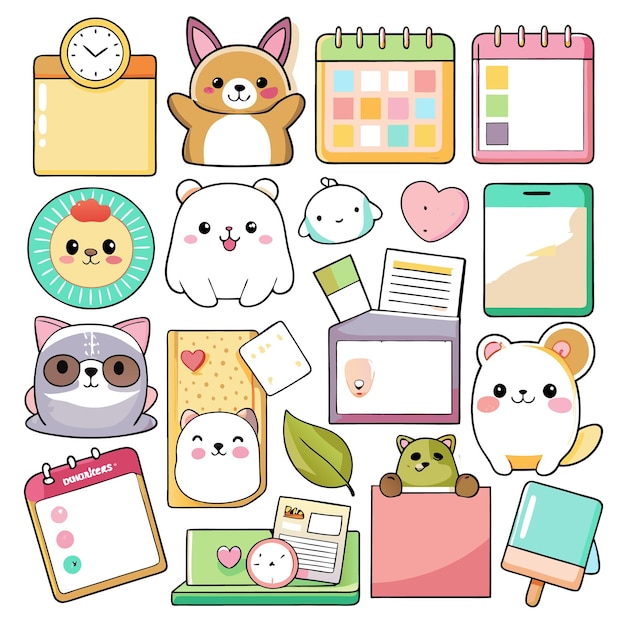 Vector cute graphic elements featuring animals calendars and notes