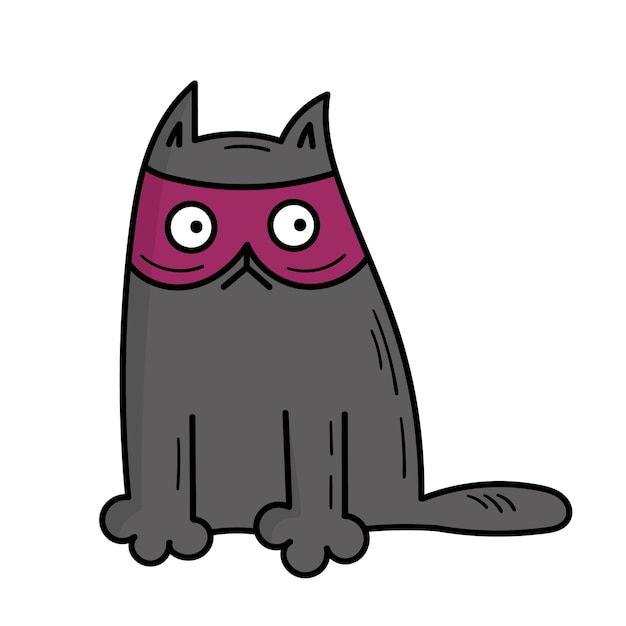 Cute gray cat in a mask for Halloween. Doodle style illustration