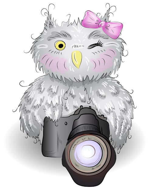 Cute gray owl with a camera and bow handdrawing watercolor sketch