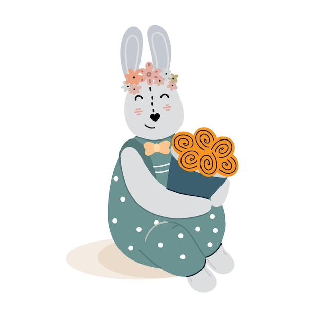 Cute gray rabbit holding a bouquet of flowers