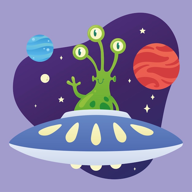 Cute green alien character on a ufo Vector