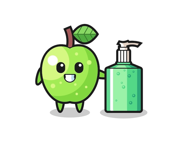 Cute green apple cartoon with hand sanitizer