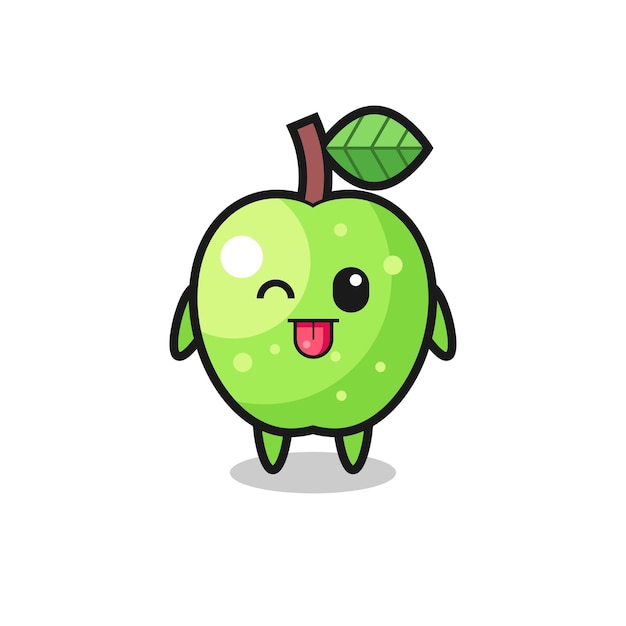 Cute green apple character in sweet expression while sticking out her tongue