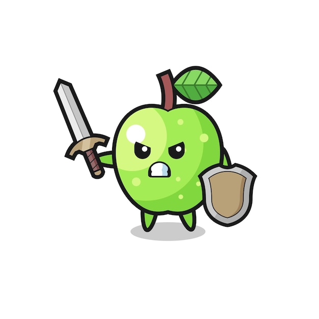 Cute green apple soldier fighting with sword and shield