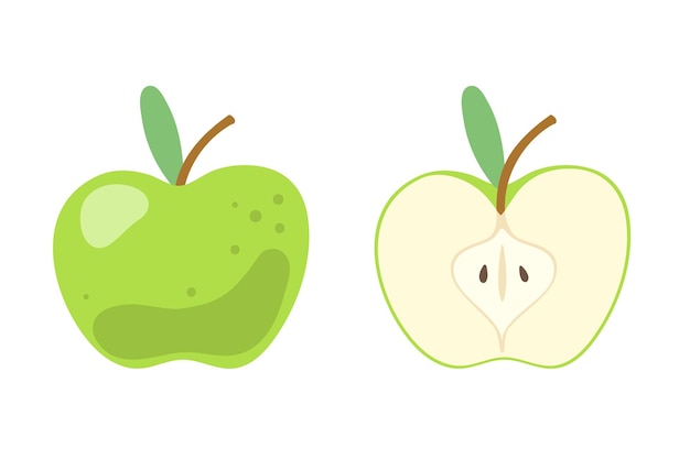 Cute green apple, whole and cut. Fruit symbol. illustration in flat cartoon style isolated on white 