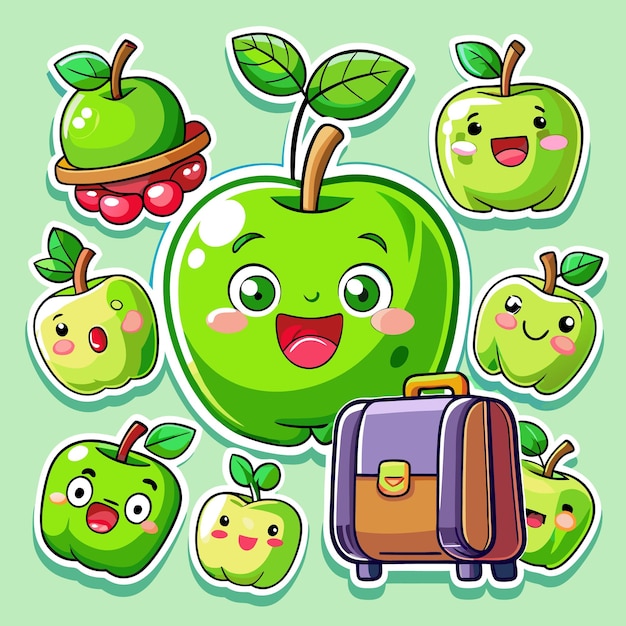 Vector cute green apples with faces and a suitcase in a playful design