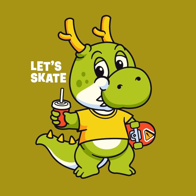 Cute green dragon holding skateboard and drink cartoon mascot illustration vector