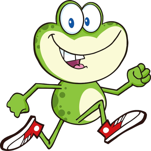 Cute Green Frog Cartoon Character Running With Sneakers. Vector Illustration