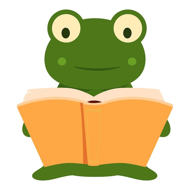 Vector cute green frog reading a big orange book