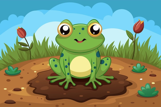 Vector a cute green frog with big eyes sits on the earth smiling as it enjoys the sunny weather colorful flowers bloom nearby in a vibrant animated setting