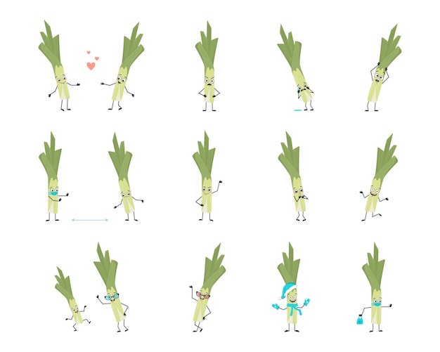 Cute green leek character with joyful emotions