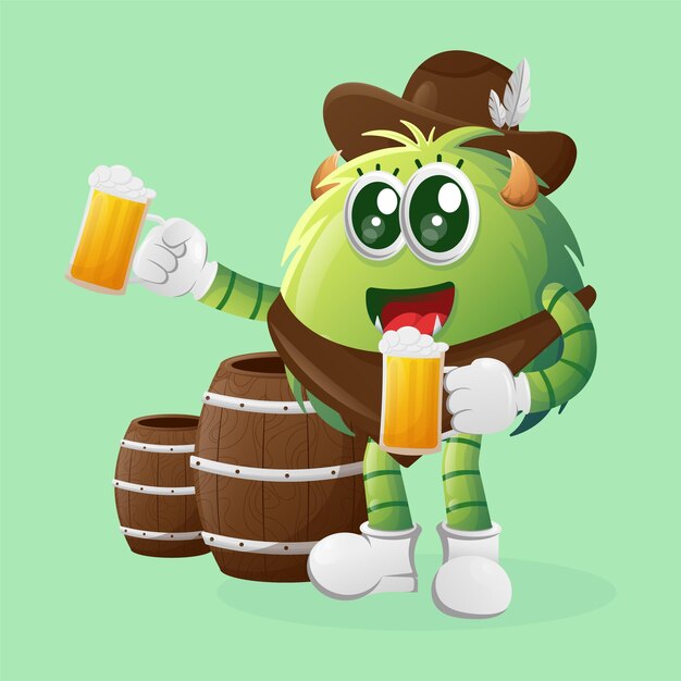 Cute green monster celebrate oktoberfest with holding beer