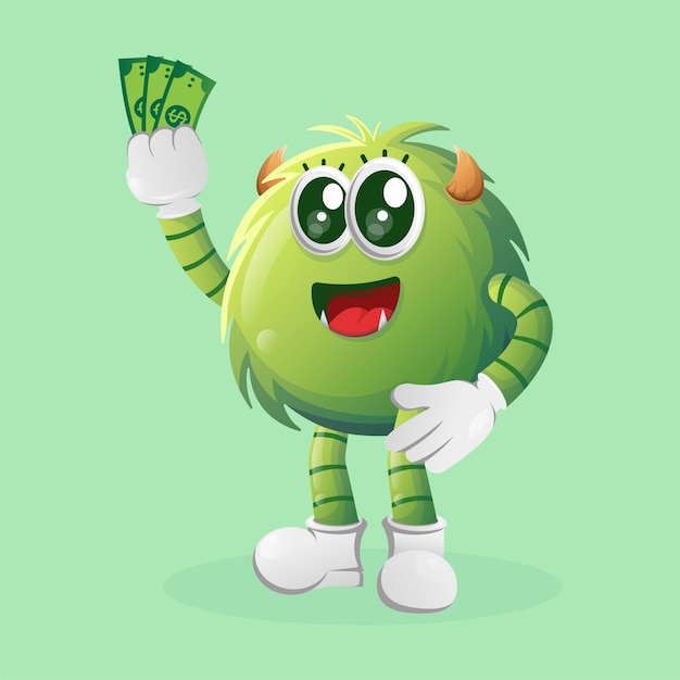 Cute green monster holding money