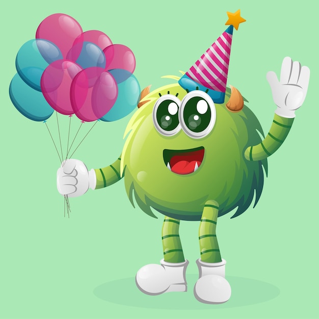 Cute green monster wearing a birthday hat holding balloons