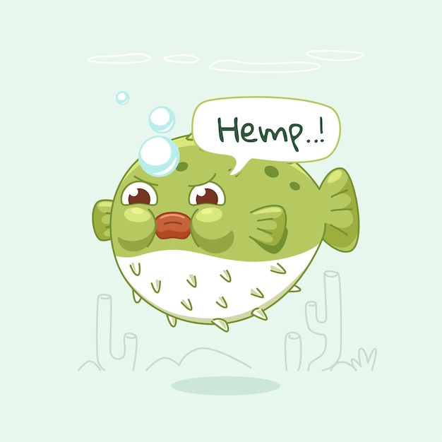 Cute green puffer fish hand drawn cartoon vector illustration for sea life