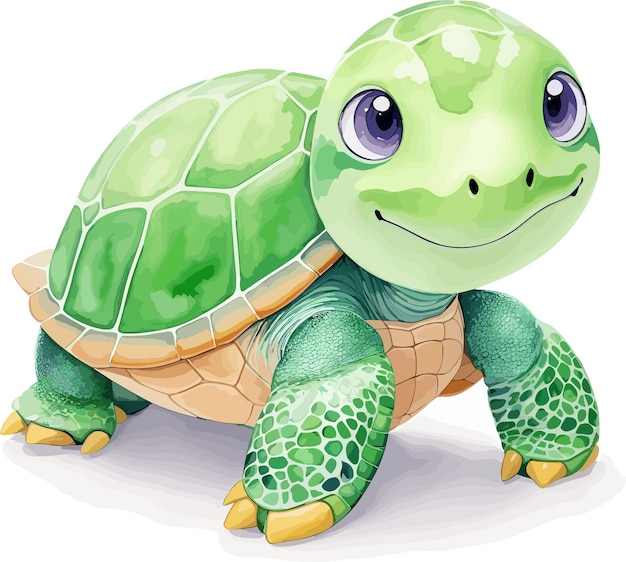 cute green turtle realistic watercolor kawaii contour vector high quality