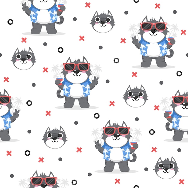 Cute grey cat cartoon trendy pattern background concepts.