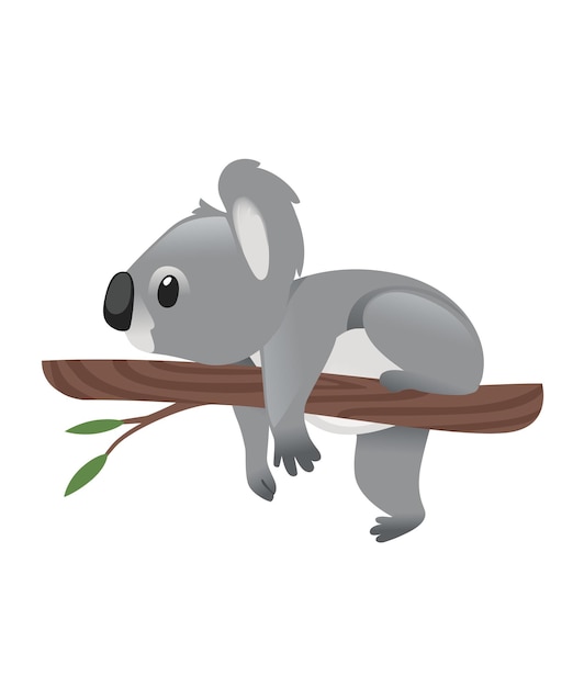 Cute grey koala bear lies resting on a wood branch with green leaves cartoon animal design flat vector illustration isolated on white background