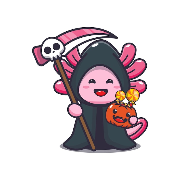 Cute grim reaper axolotl holding scythe and halloween pumpkin. 
Cute halloween cartoon illustration.