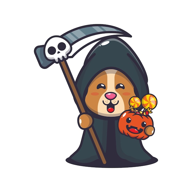 Cute grim reaper dog holding scythe and halloween pumpkin. 
Cute halloween cartoon illustration.