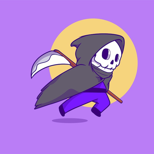 Cute grim reaper holding a scythe and running cartoon illustration