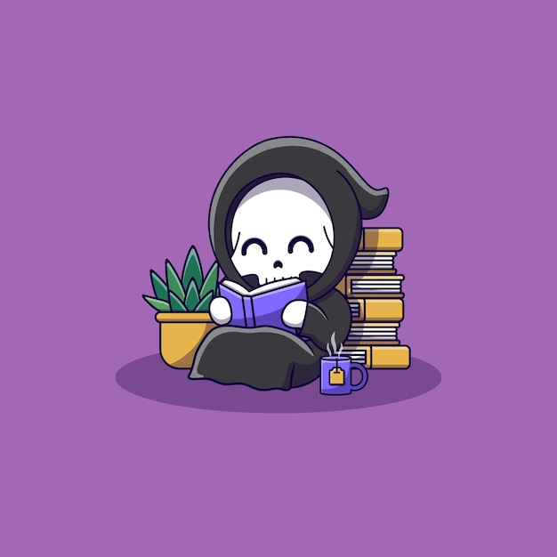 Cute grim reaper sitting while reading book