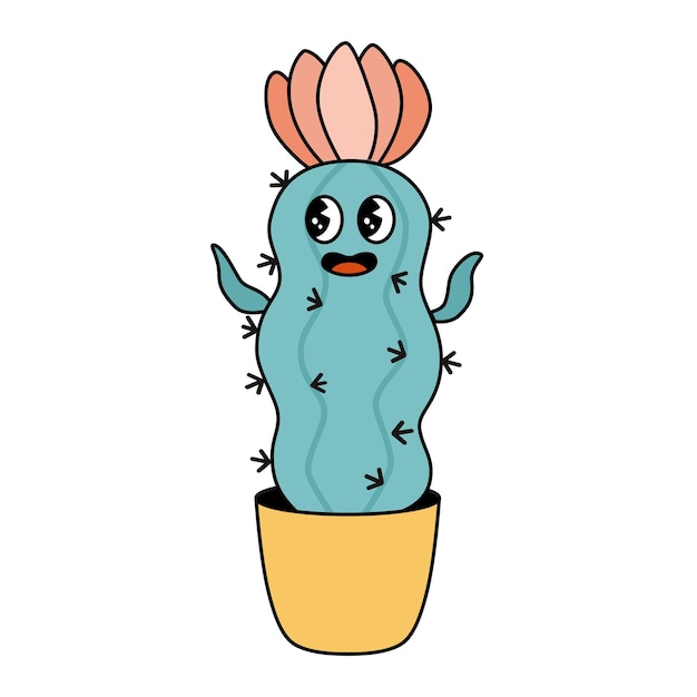 Vector cute groovy cactus cartoon character vector illustration