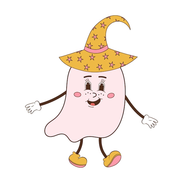 Cute groovy ghost in a hat Retro 70s 60s cartoon character Cute pink spooky baby ghost