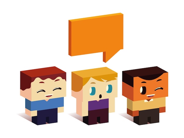 Cute group little boys speech bubble cartoon, isometric style vector illustration