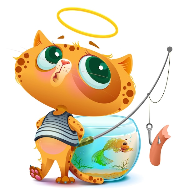 Cute guiltless redhead cat catching goldfish in aquarium isolated on white