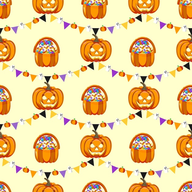 Cute Halloween background with a basket full of sweets a jack o lantern and a garland bunting Decor for Halloween celebration For wallpaper gift paper fabric holiday decoration greeting cards