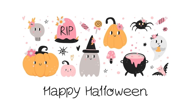 Cute Halloween banner Funny pumpkin spooky ghost black cat and spider characters Pink colors childish prints and cards party decoration collection Vector cartoon isolated illustration set