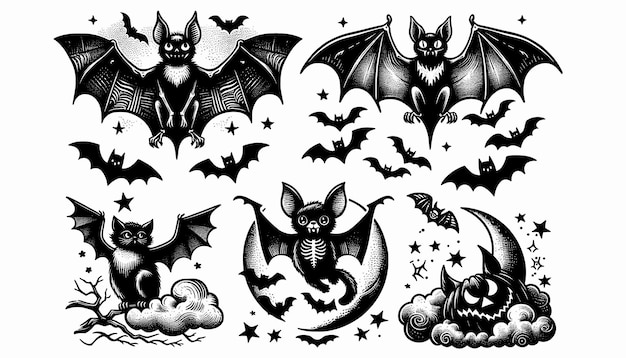 Cute Halloween Bats with Full Moon and Stars for a Whimsical Halloween Night