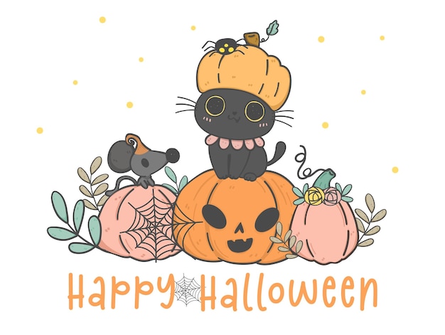 Cute Halloween black kitten pumpkin hat pumpkins animal cartoon doodle hand drawing Happy Hallooween