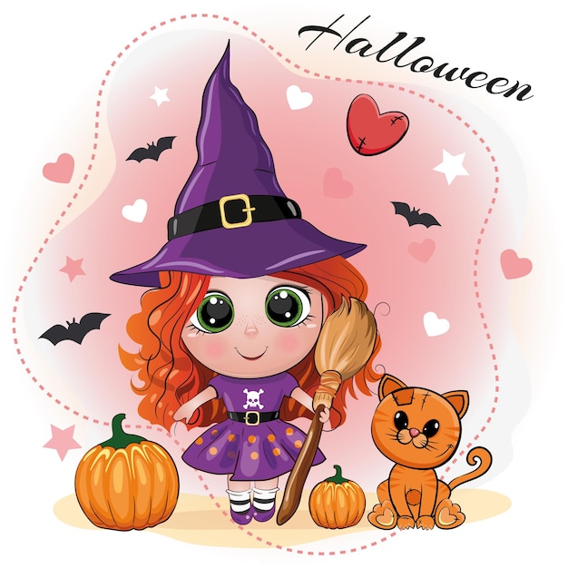 Cute Halloween card with a redhaired girl in a witch hat with a broom in her hand with pumpkins