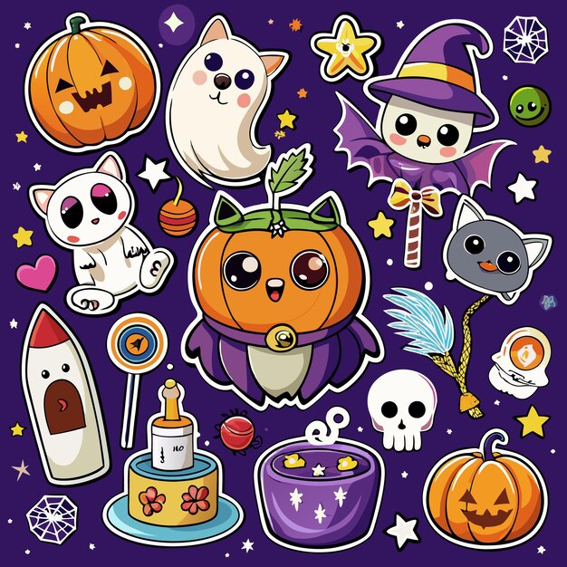 Cute Halloween cartoon character stickers with pumpkins cats bats and stars on purple background