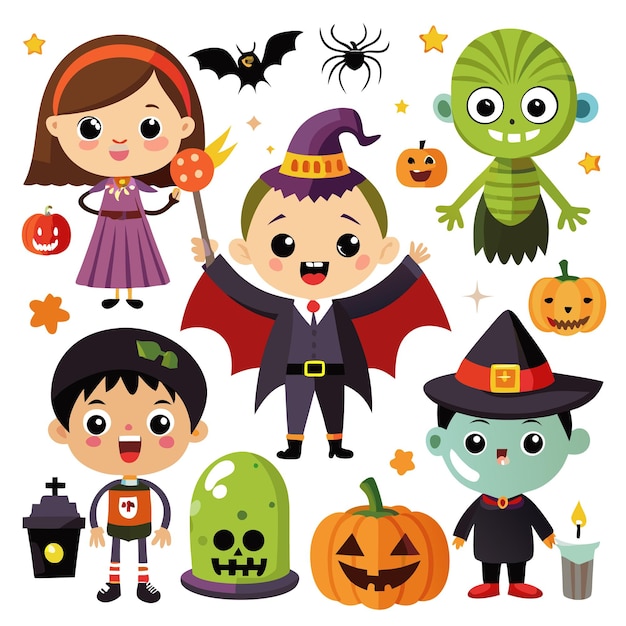 Cute Halloween Cartoon Characters With Pumpkins Stars Bat Spider Candle And Graveyard