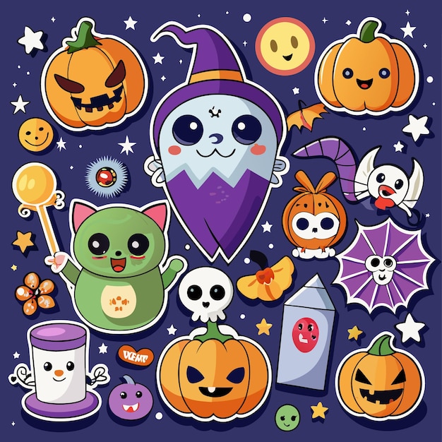 Cute Halloween cartoon stickers with pumpkins ghosts bats skulls and other spooky elements on a dark blue background