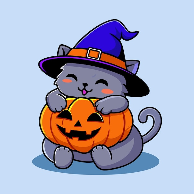 Vector cute halloween cat hugging a pumpkin cartoon illustration