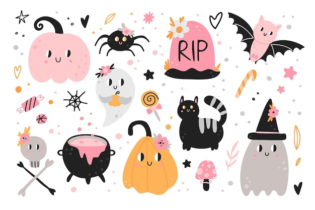 Cute Halloween characters Funny pumpkin spooky ghost black cat and spider Pink colors childish prints and cards party decoration collection Vector cartoon flat isolated illustration set