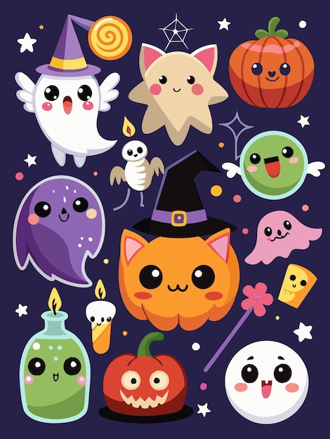 Cute Halloween characters like pumpkins ghosts and a witch39s hat on a dark blue background