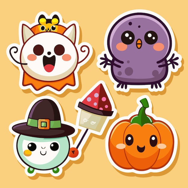 Vector cute halloween characters sticker set