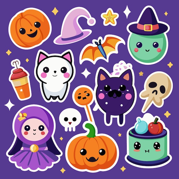 Cute Halloween characters stickers with a purple background