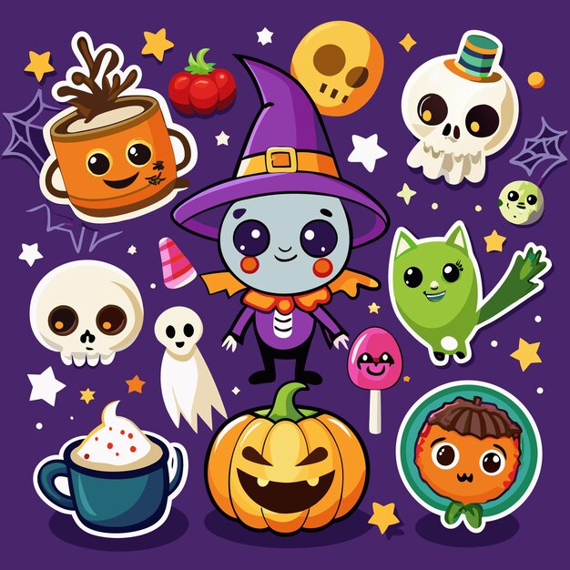 Vector cute halloween characters with a pumpkin skulls ghosts stars and other festive elements