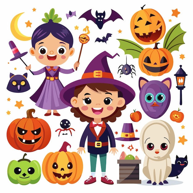 Cute Halloween characters with pumpkins and bats