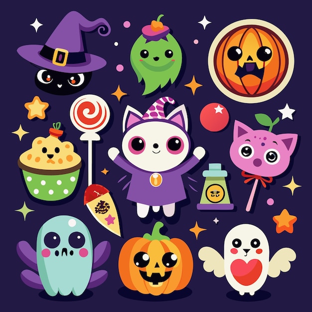 Cute Halloween characters with pumpkins ghosts and candy