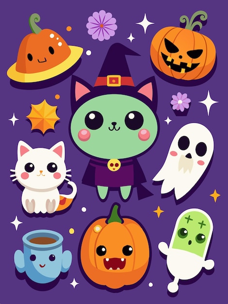 Cute Halloween characters with pumpkins ghosts and a witch cat