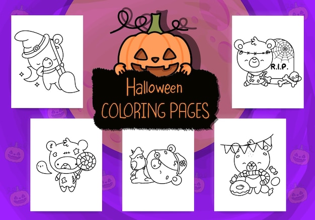 Cute Halloween Coloring Pages. Set of Cute Halloween Bear for Coloring Page.