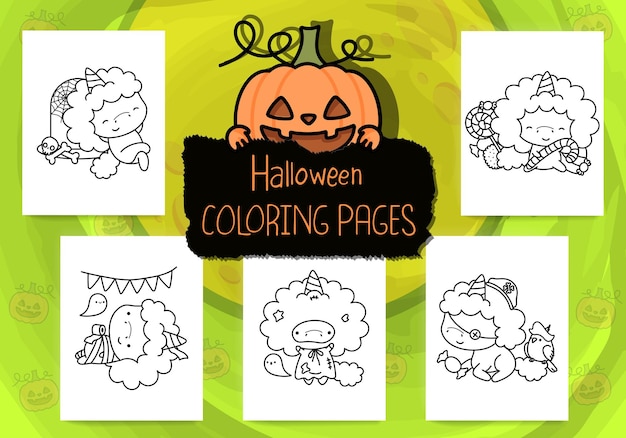 Cute Halloween Coloring Pages. Set of Cute Halloween Unicorn for Coloring Page.