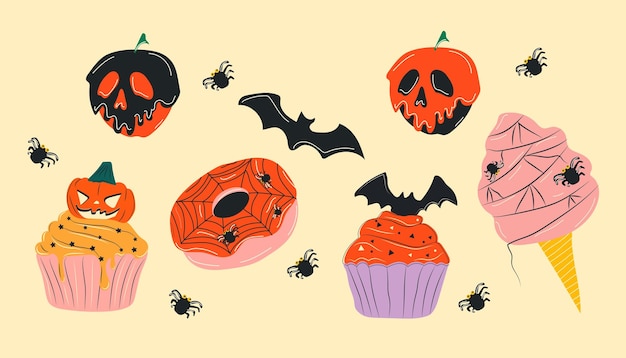 Cute halloween cupcakes, ice cream, donut cartoon characters